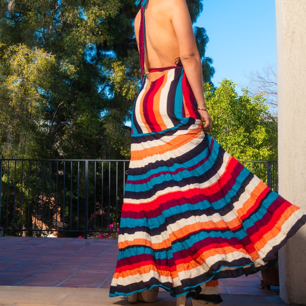 Backless Halter Striped Maxi Dress